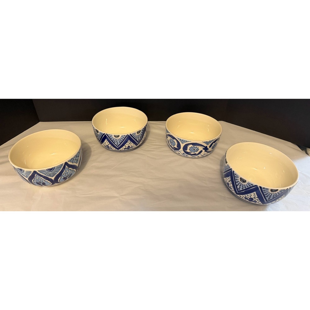 Maxcera‎ Cereal Soup Bowls Set of 4 Blue White Handcrafted Talavera Style